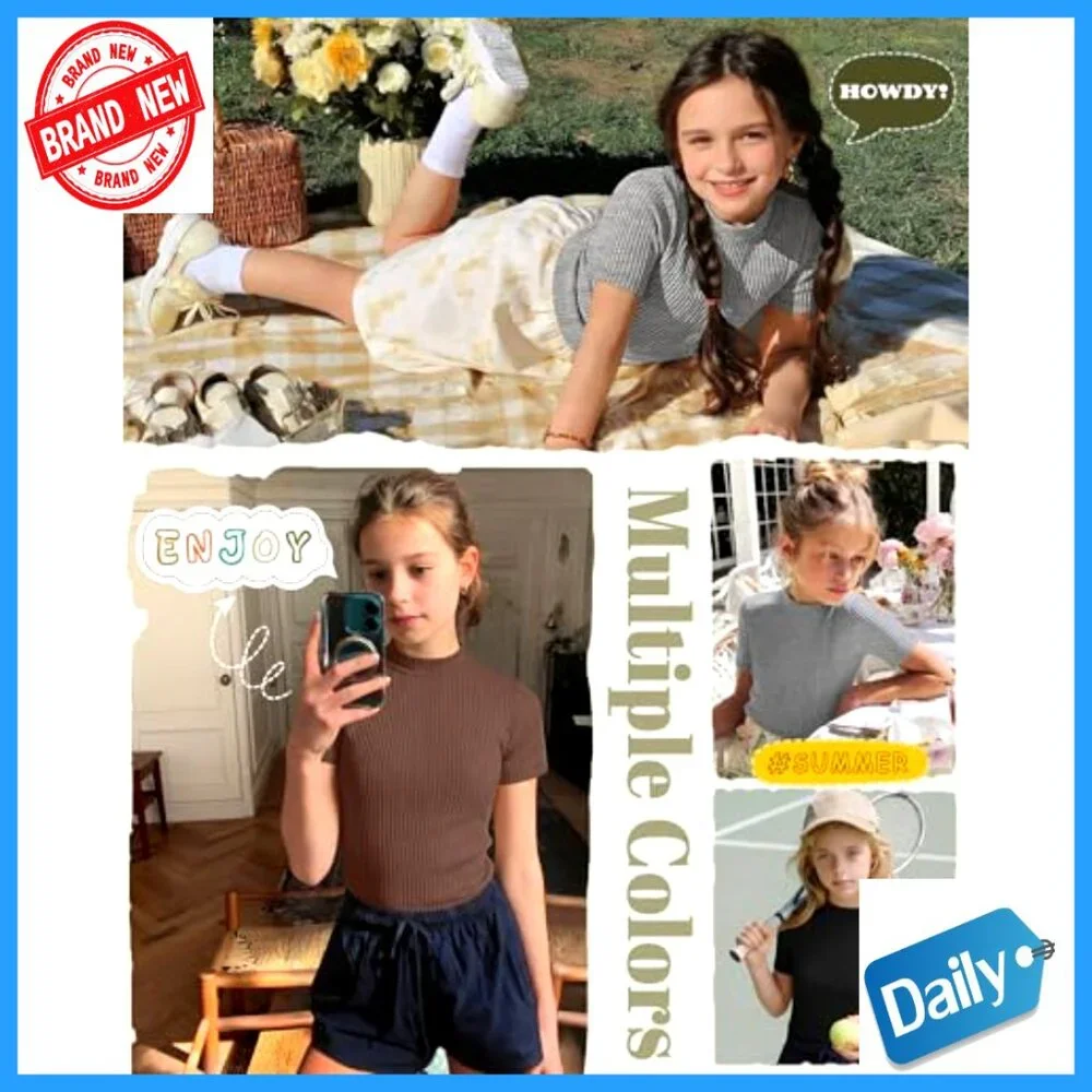 Girls Mock Neck Ribbed Tees 3-Pack Slim Fit Short Sleeve Summer Tops